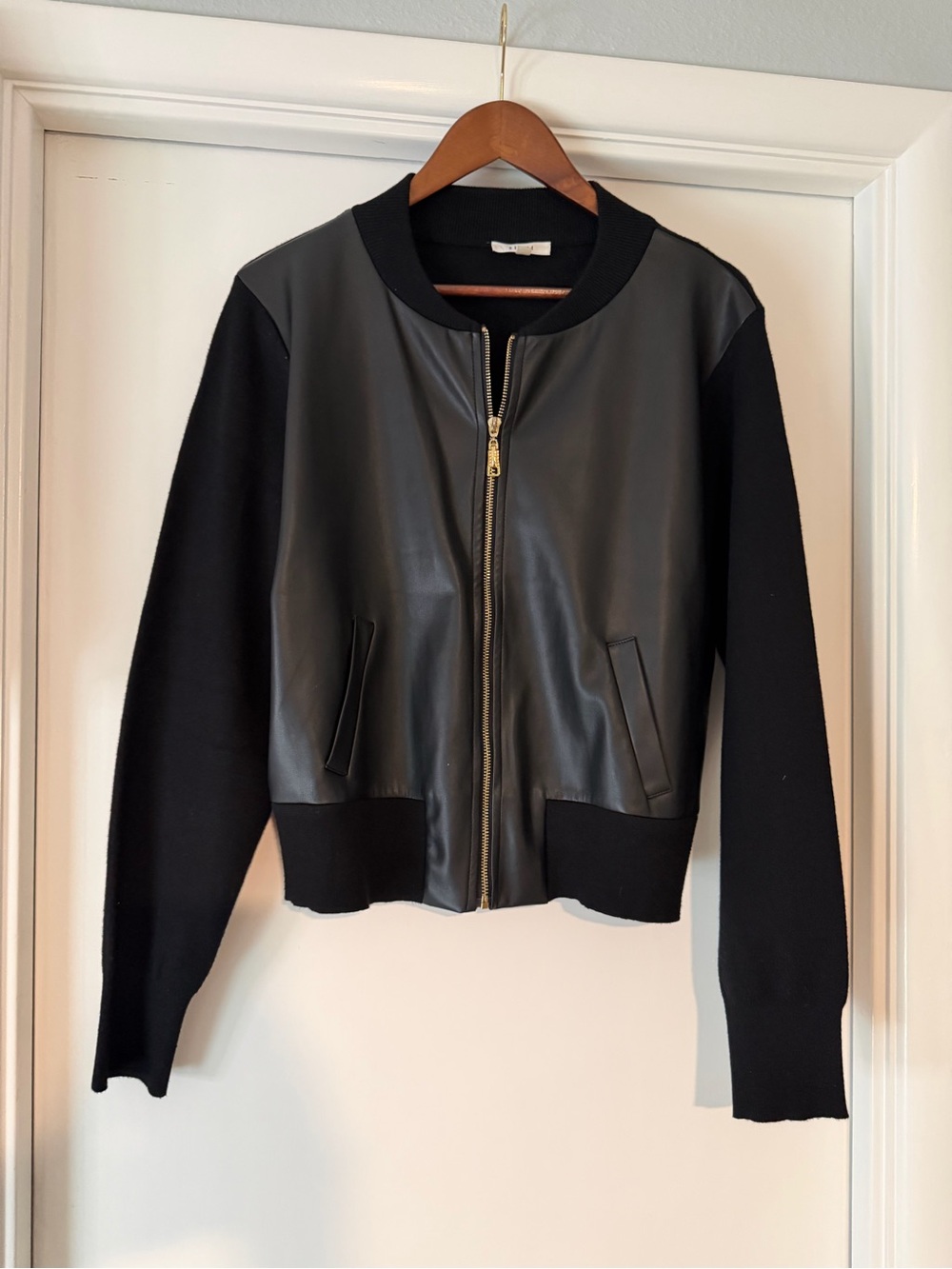 Sioni Black Mixed-Material Zip-Front Bomber Jacket with Gold Hardware
